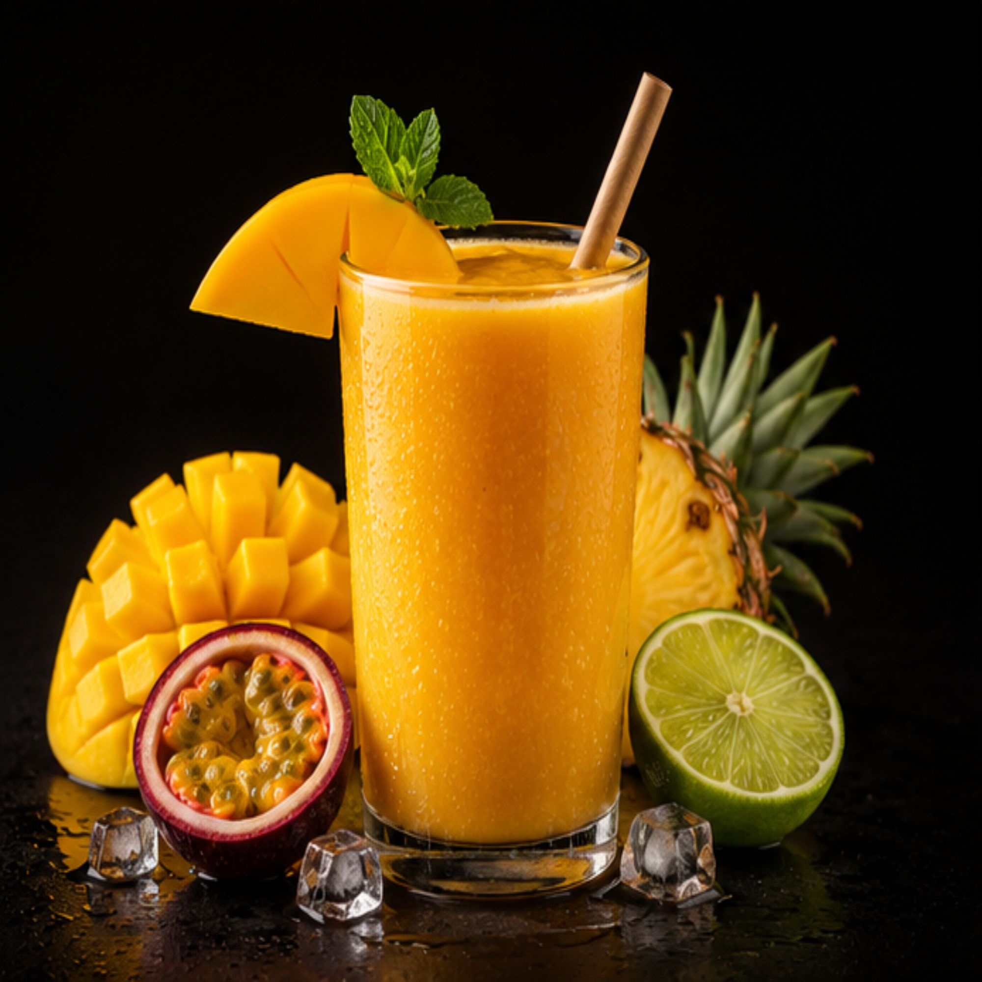 Smoothie Sunny Splash: Mango, limón, piña, fruta de la pasión