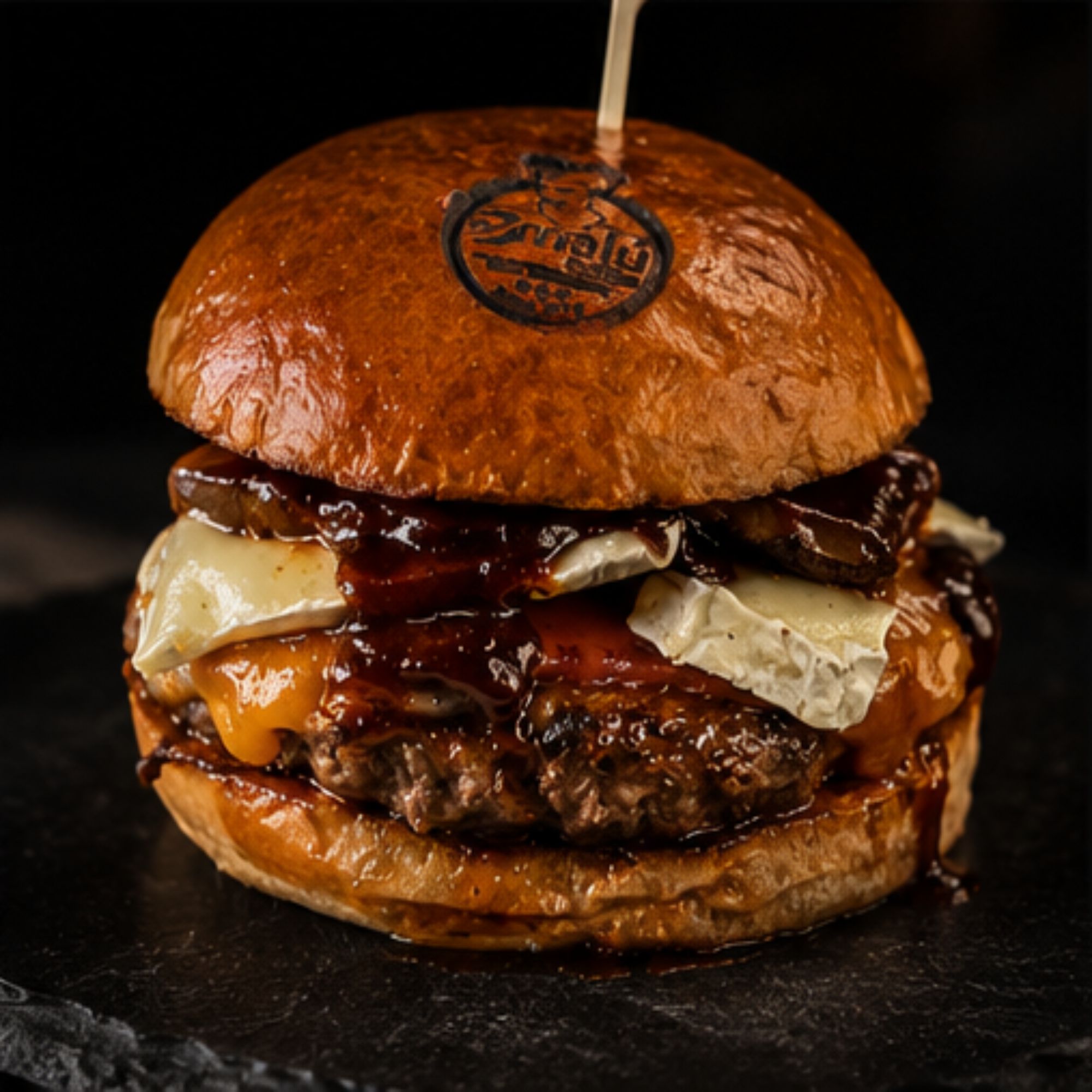 Hamburguesa de vacuno madurado con queso y salsa, con el sello de Emalú marcado en el pan
